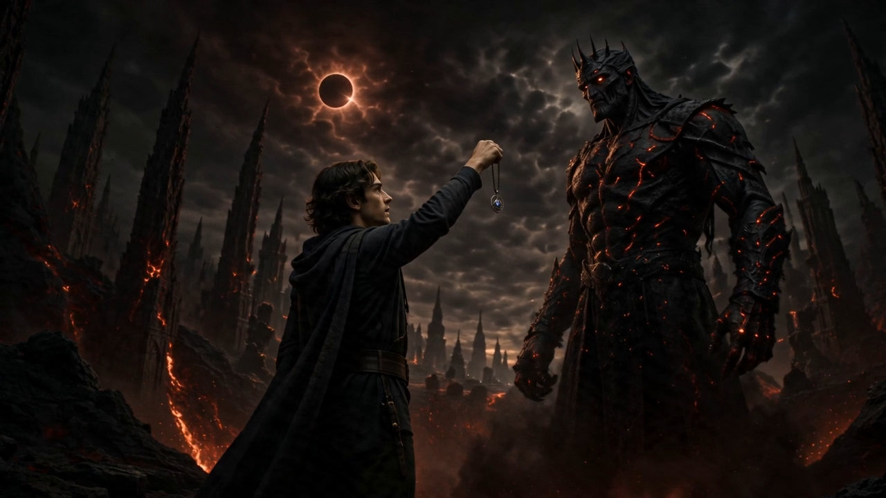 A young hero raising an amulet before a giant lava demon under a black eclipse
