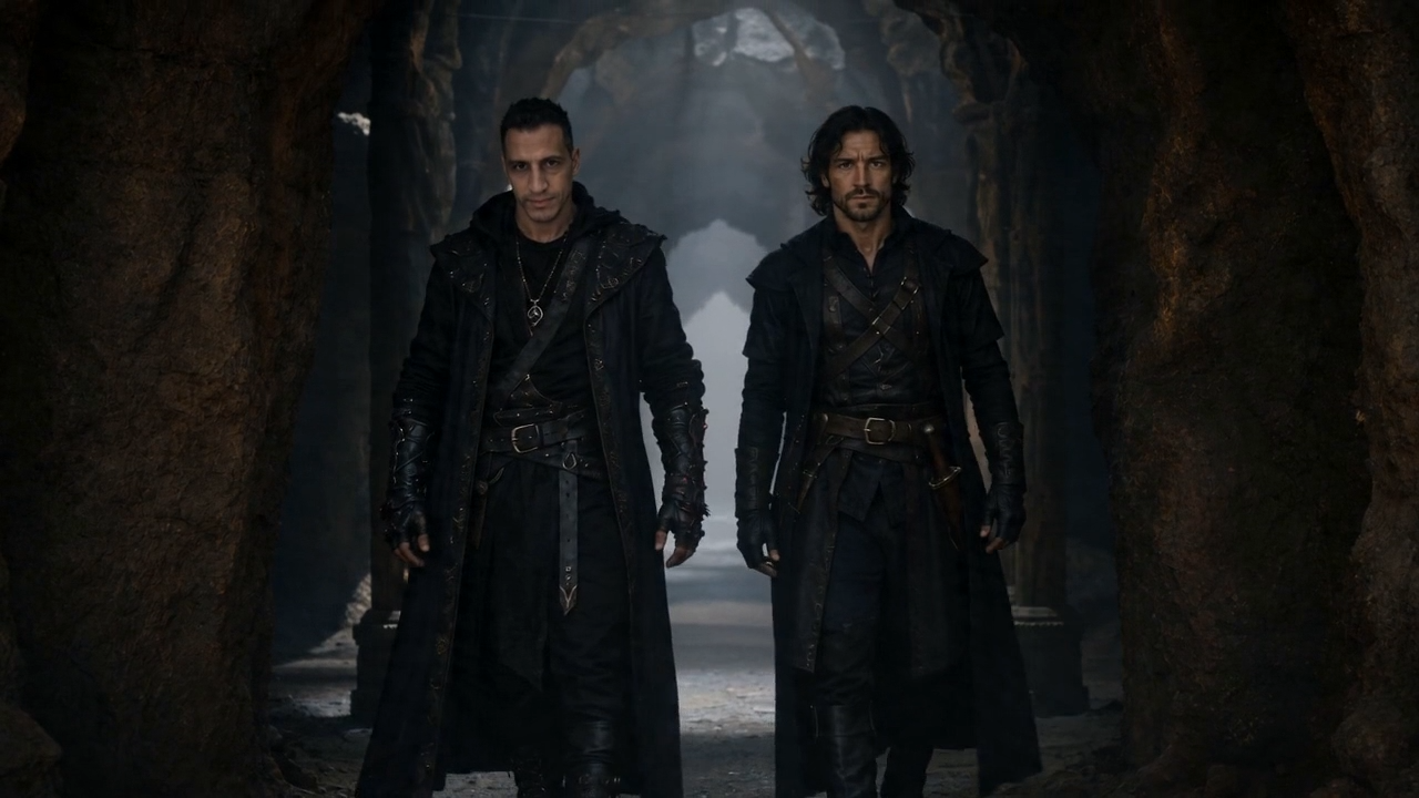 Two dark-clad hunters walking through a misty cave temple