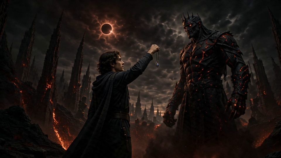 A young hero raising an amulet before a giant lava demon under a black eclipse