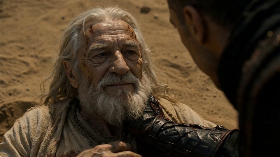 A dying old guardian in the sand, face to face with his hunter