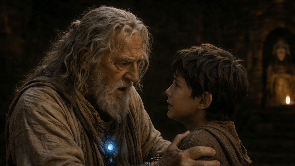 An old guardian with a glowing blue amulet speaking to a young boy