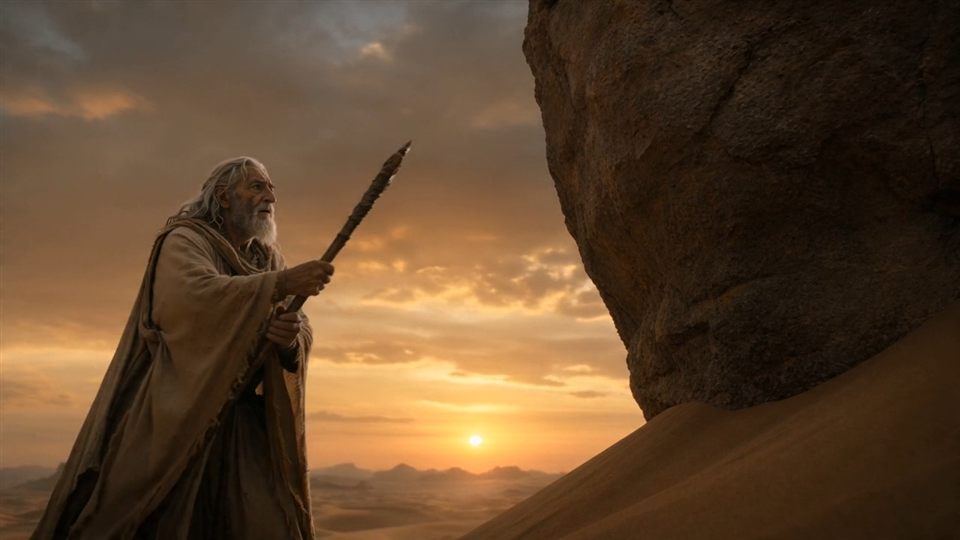 An old prophet with a staff crossing the desert at sunset