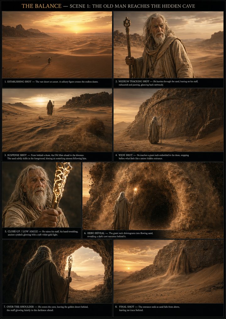 Storyboard — Scene 1: The Old Man reaches the hidden cave
