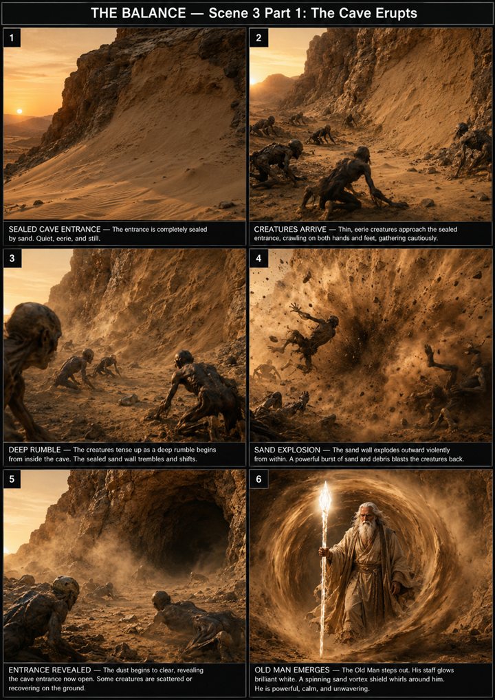 Storyboard — Scene 3 part 1: The cave erupts